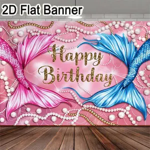 2D flat banner, 1pcMermaid Tails Happy Birthday Backdrop, Pink Blue Iridescent Scales Pearl Bead Party Decorations for Underwater Themed Birthday Celebration