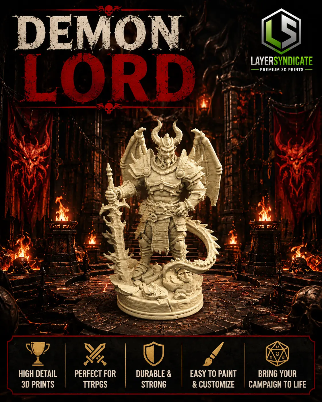 Demon Lord 3D Printed D&D Boss Miniature, Fantasy Home Decor Statue