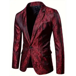 Men'SDarkPatternedPalaceStyleWesternBodyFittingFormalOneButtonBlazerShapeCoatLongSleeveCasualPolyesterSuitsMenswearStretch