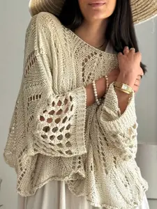 Fashion Loose Hollow Out High-End Women's Three-Quarter Sleeve Knit Top, Shoulder Exposure Design, Perfect for Vacation, Soft and Comfortable, Casual and Versatile, Summer Essential