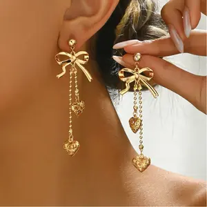 Fashionable bow with hollow metal heart pendant, metal ball chain, tassel, DDES0320 classic women's earrings, 14K Gold-Plated