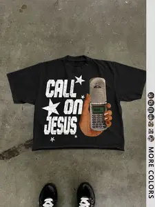 Men's Cotton T-Shirt, Short Sleeve, Phone & Star Print, Loose Fit, Casual Style, Summer Fashion, Outdoor Sports Streetwear