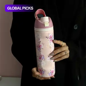Floral Pattern Vacuum Flask, 1 Count Portable Water Bottle with Straw, Drinking Cup for Home Office School Outdoor Camping, Tumbler with Lid, Drinkware #GLOBAL PICKS