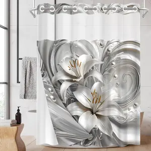 1PC2DFlatDouble Layer Shower Curtain, Floral Design, Metallic Style Decor, 3D Stereo Silver Lily & Scrollwork Print, High-End Design, Clear Top Window & Detachable Snap-In Liner, Waterproof & Mildew Resistant, Thick & Washable Bathroom Curtain (No Hooks)