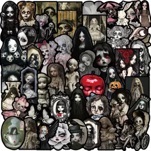 50 Cartoon Dark Horror Doll Graffiti Stickers, Waterproof DIY Decals for Guitar Notebook Luggage, Flat Sticker Type, No Ca Prop 65 Warning