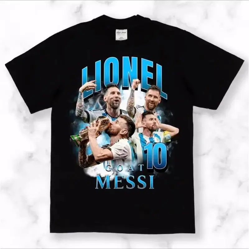 Women's Lionel Messi GOAT Vintage 100% Cotton Heavyweight Short Sleeve Crew Neck T-Shirt, Loose-Fitting Unisex Retro Soccer Graphic Top for Live Match Viewing, Argentina Fan Merch Gift S-3XL