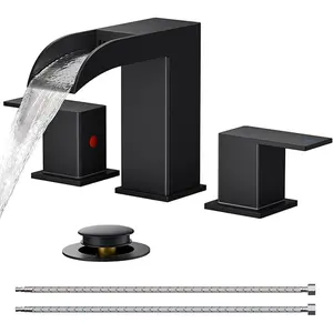 FORIOUS Bathroom Faucets, Waterfall Bathroom Faucet 3 Hole, 8 Inch Widespread Bathroom Sink Faucet with Metal Pop-up Drain and Hose, for Sink Vanity