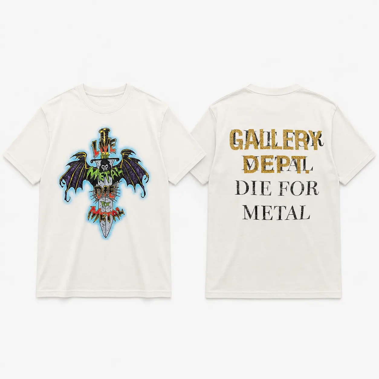 Gallery Dept Die for Metal Graphic T-Shirt, Skull Dagger and Bat Wing Artwork, Rock Streetwear Statement Top