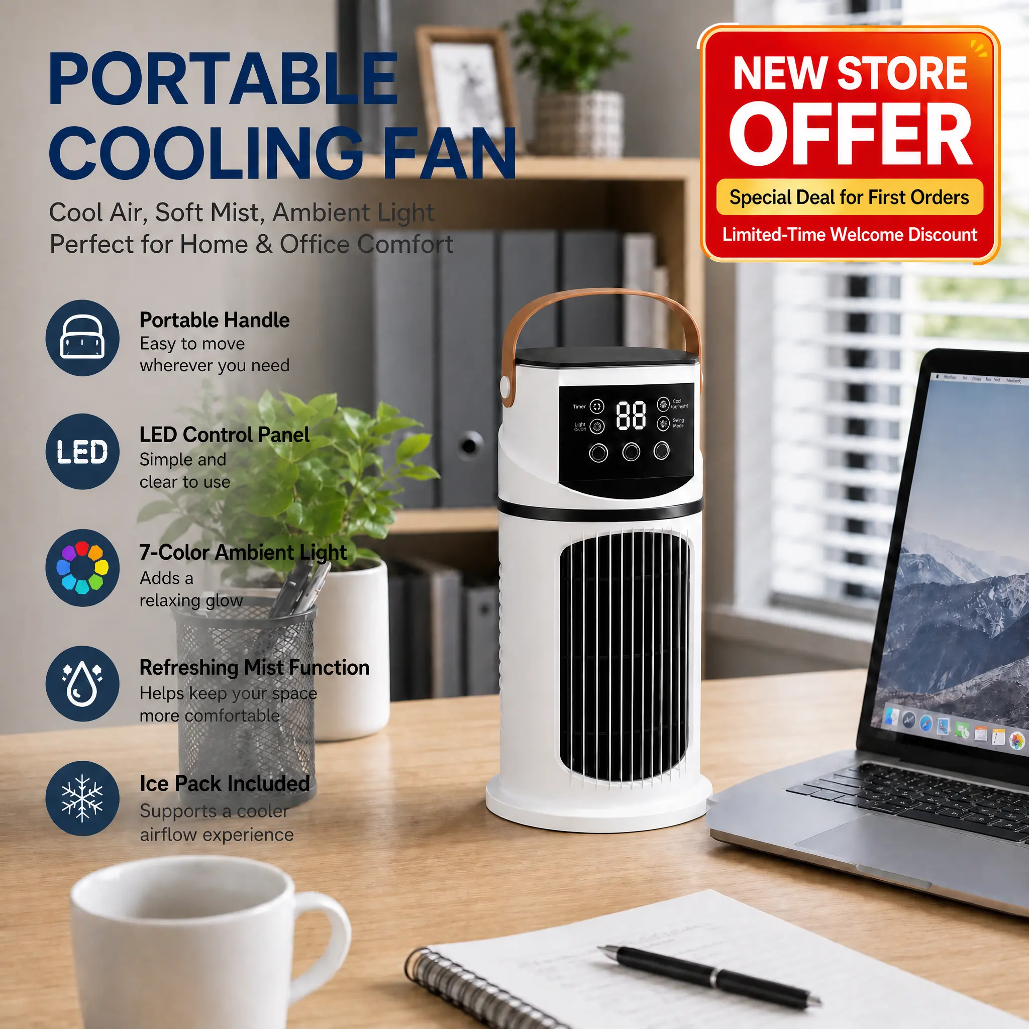 Portable USB Evaporative Air Cooler Fan, 9 Wind Speed 90° Oscillating Mist Humidifier With RGB Night Light 24H Timer, 640ml Water Tank Low Noise Desktop Cooling Fan Equipped Ice Pack For Bedroom Office Outdoor Personal Use