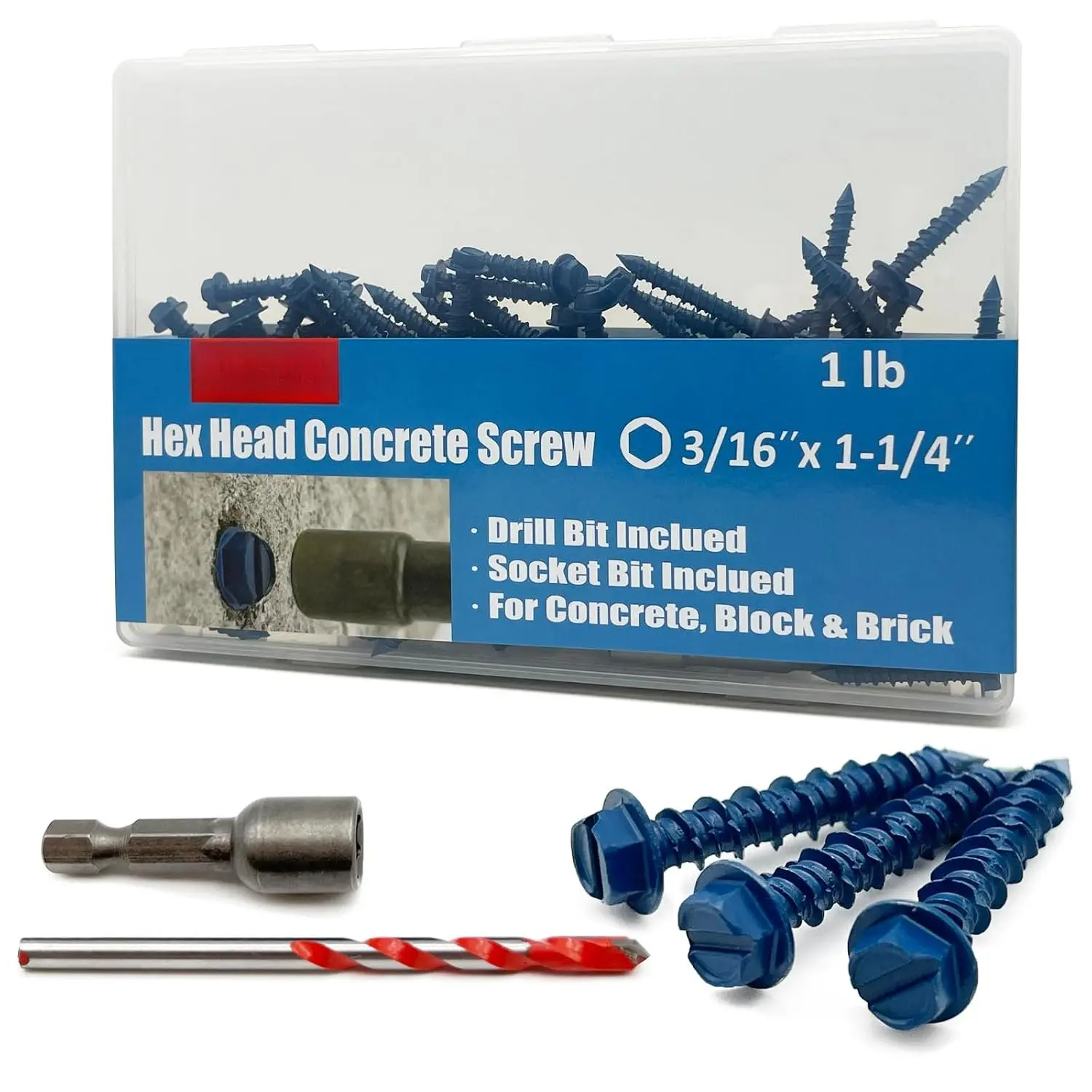 3/16" x 1-1/4" Hex  Concrete Screws, Anchoring to Masonry, Brick, Block, Cement or Stucco, 100 count