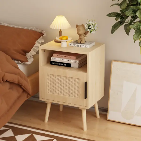 22.83" Rattan Nightstand, Side Table with Door Open Shelf, Accent Bedside End Table with Solid Wood Legs for Bedroom, Dorm and Small Spaces, Oak