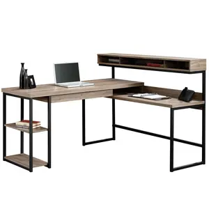 Transit L-Shaped Desk with Elevated Shelf Cubbyhole Storage & Pencil Drawer for Home Office Gaming Study Brown Finish Steel Frame
