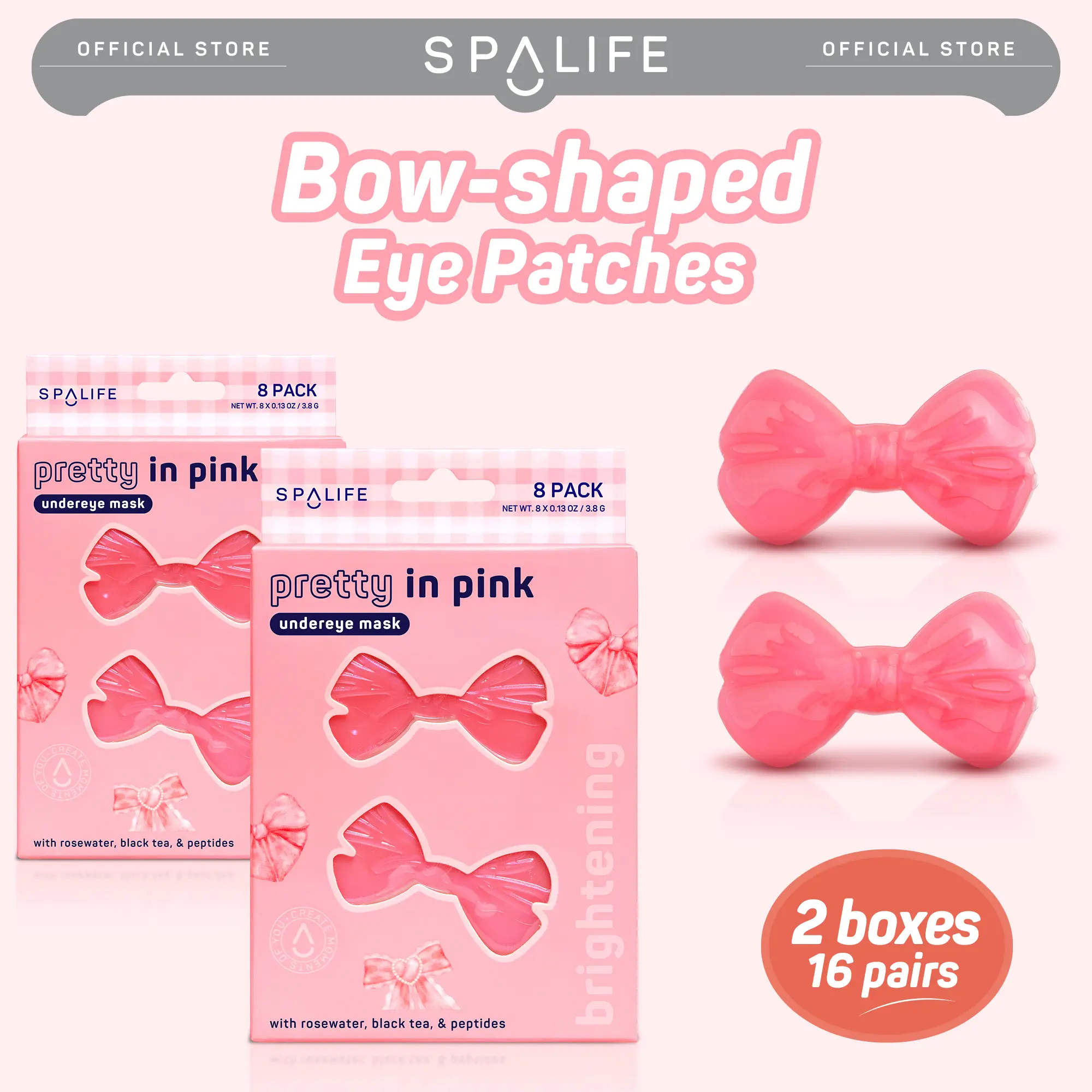 Pretty in Pink Brightening Eye Patches | For Puffy Eyes & Dark Circles | Ribbon-Shaped Hydrogel Undereye Patch With Rosewater and Caffeine | 2 Boxes - 20 Pairs of Coquette Bow Eye Mask