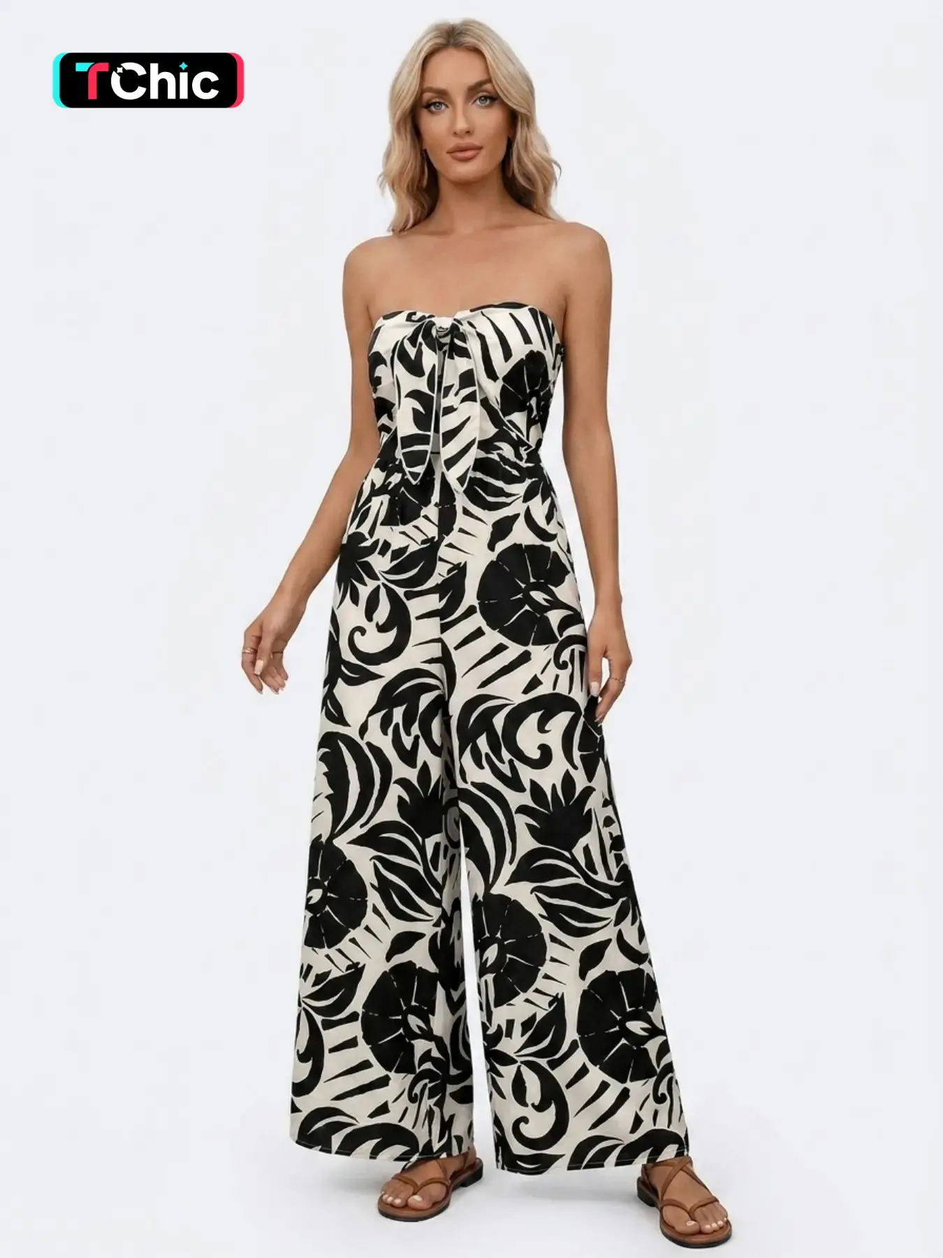 Women's Vibrant Casual Adjustable Knotted Front Tropical Print Wide Leg Jumpsuit, Summer Flexible Strapless Romper for Beach Vacation, Lightweight Skin-Friendly Daily Outfit