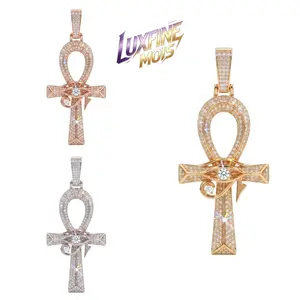 ④LUXFINE MOIS Iced Out Moissanite Ankh Cross Pendant with Horus Eye, 14K Gold/Rose Gold/White Gold Plated Full Paved Hip Hop Egyptian Symbol Necklace, Pass Diamond Tester for Men Women
