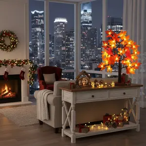 1 piece, 24" illuminated Thanksgiving fall maple tree decoration, 24 LED battery-powered decorative artificial tree with indoor home room holiday Christmas party timer Leaf Ornaments
