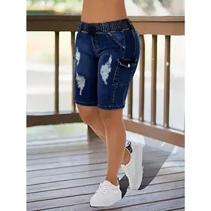 Women'sCasualBermudaDenimShorts-FashionDistressedJeansWithPockets,SummerElasticWaist,StreetStyleJorts-Denim-ForWomen-SuitableforSummer,CasualWear-PerfectGiftforFashionableWomen