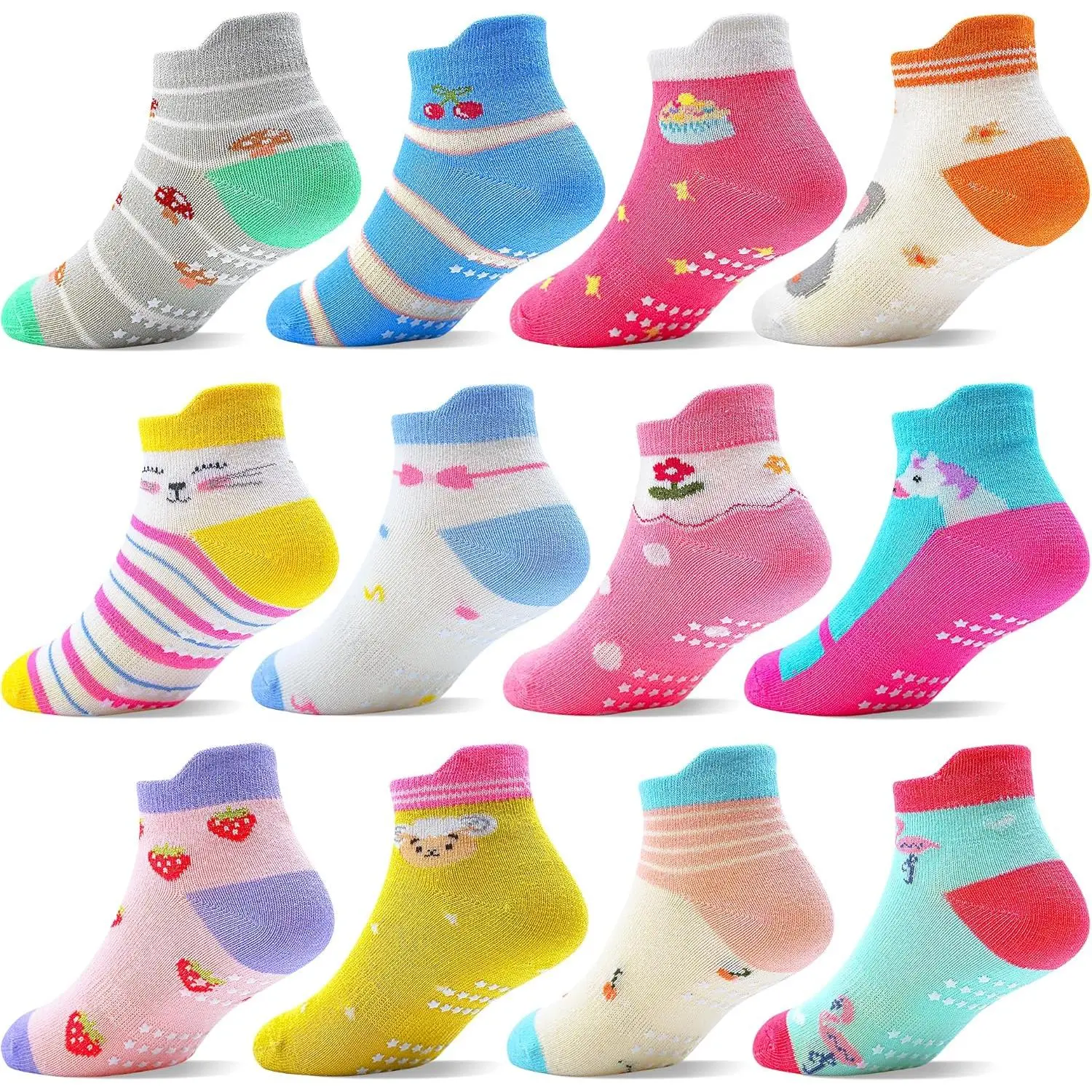 F-SOK10  Toddler Socks with Grips Anti Slip Ankle Socks 12 Pairs for 1-7 Years Boys Girls Kids Infant Baby