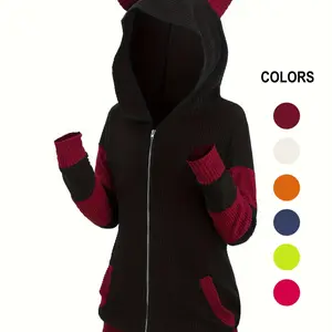 Women's Colorblock 3d Ear Design Textured Zip Up Hooded Coat, Cute Long Sleeve Pocket Outerwear for Fall & Winter, Women's Clothes for Daily Wear