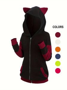 women's colorblock 3d ear design textured zip up longsleeves hooded coat, slim lady casual cute soft long sleeve pocket outerwear for fall & winter, jackets for women, women's clothes for daily wear, jackets for women, womenswear