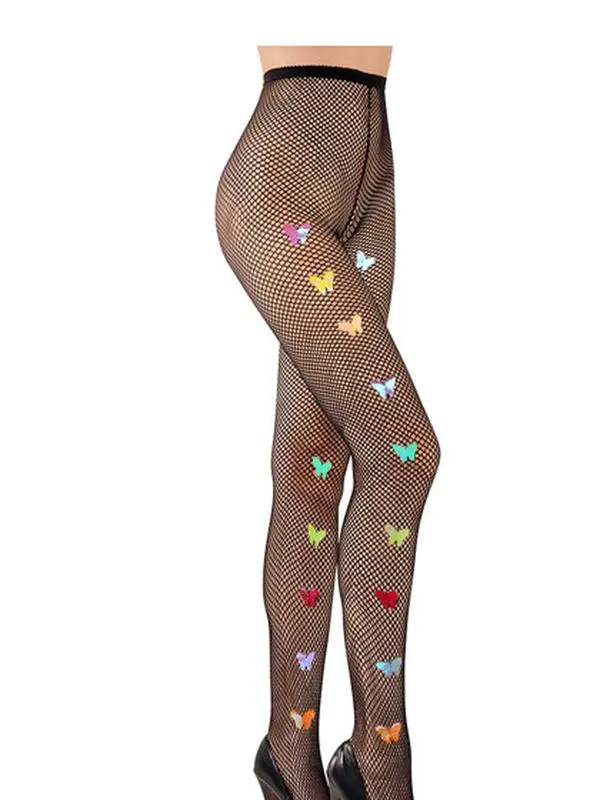 deladola High Waist Tights Black Patterned Fishnet Stockings Mesh High Pantyhose Butterfly Long Stocking Birthday Party Music Festival Dance for Women and Girls