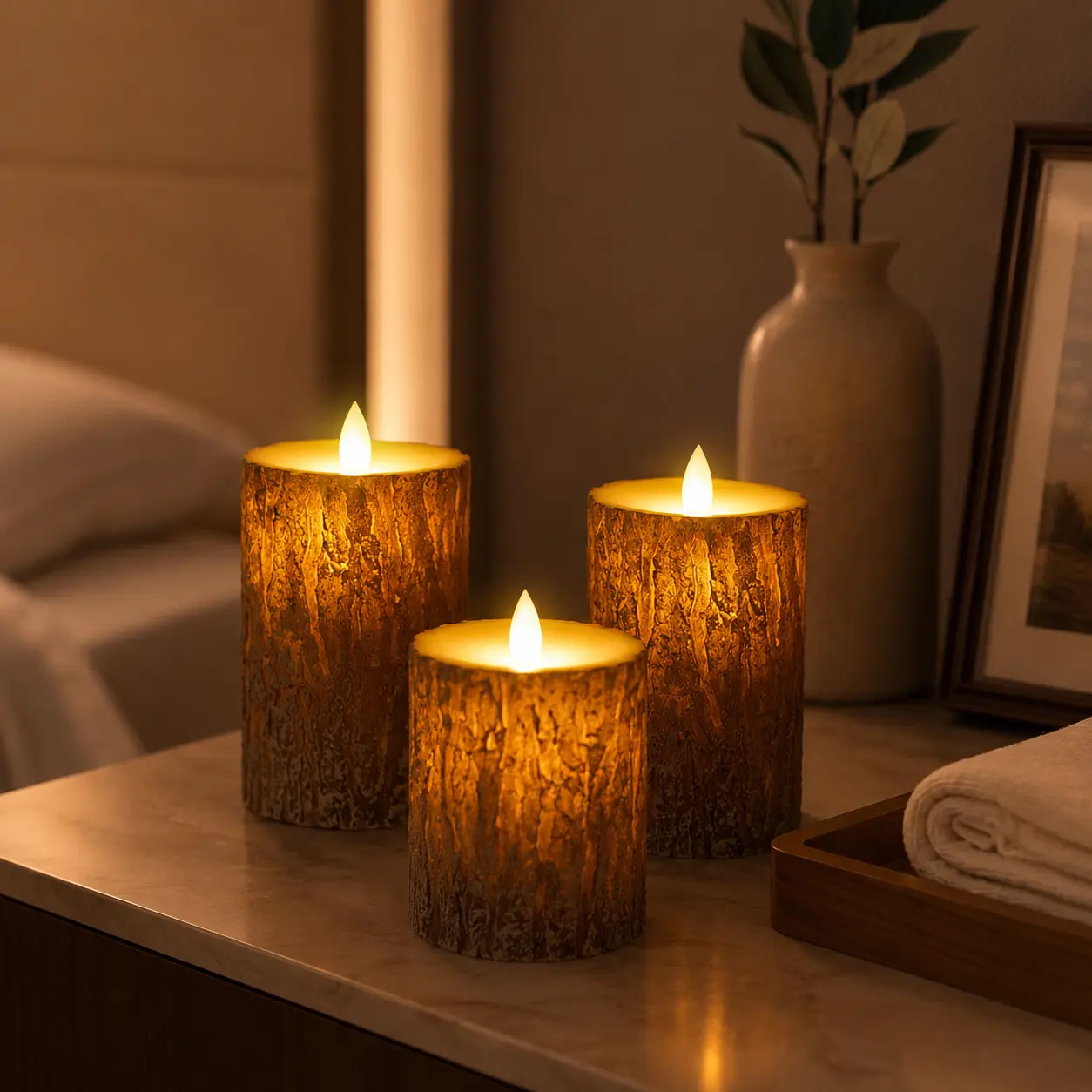 Rustic Tree Bark Flameless LED Pillar Candles Set, Real Wax Shell Candle Lights with Flickering Flame Effect, Battery Operated Decorative Candles for Home Decor, Fireplace Mantel, Wedding, Party & Holiday Ambiance