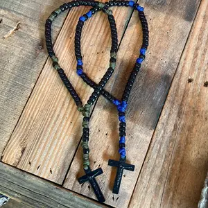 Cecilio Handmade Paracord Rosary with Black Beads Blue Accents & Crucifixes - Religious Jewelry