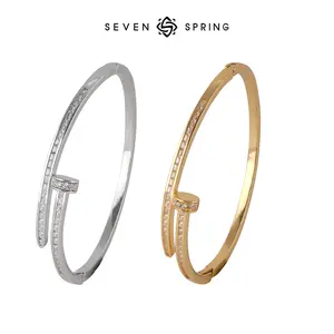 14K Gold Plated Brass Nail Bangle Bracelet for Women Men, 5A Cubic Zirconia Inlaid Unisex Stackable Non Tarnish Gold Bracelets