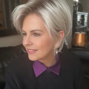 NEW Arrived Fashionable [Silvery Grey Pixie Wig] 6 Inch Silvery Grey Human Hair Wig for Women, Elegant Layered Pixie Cut with Bangs, 150% Density, Glueless Rose Net Cap