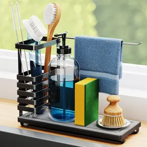 NiHome Multifunctional Kitchen Sink Caddy Organizer with Elevated Brush Holder, Quick-Drying Diatomaceous Earth Base Space-Saving Storage for Detergent Bottles, Sponges, Small Accessories
