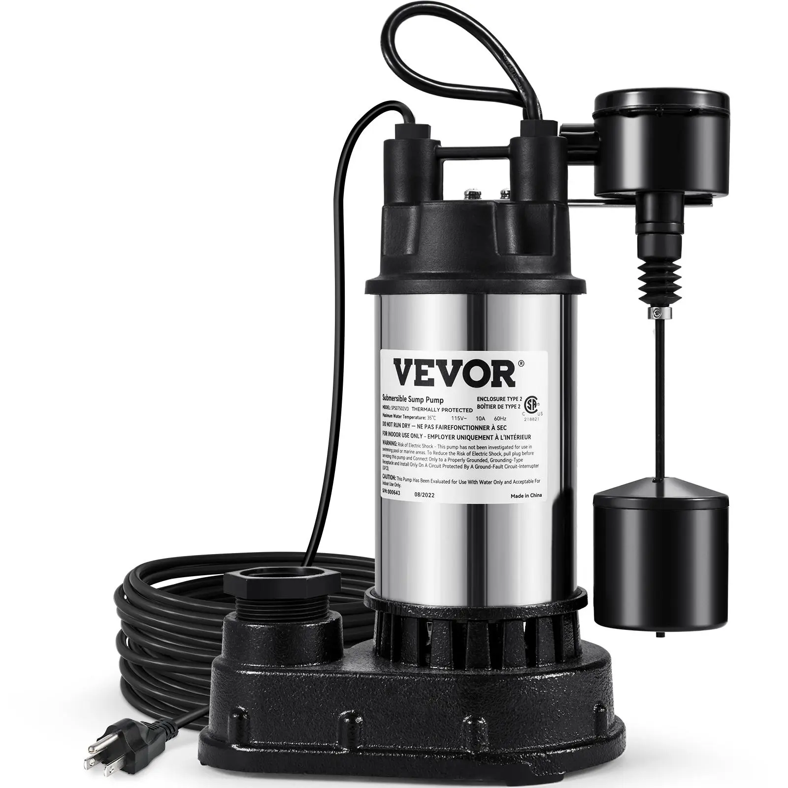 【summerfinds】VEVOR 1.5 HP Submersible Cast Iron and Steel Sump Pump, 6000 GPH Submersible Water Pump with Integrated Vertical Float Switch, for Basement Water Basin and Flooding Area Tested to UL Standards, Stainless Steel Pump