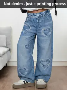 Girls' Imitation Denim Look Jeans Retro Heart Print Loose Straight Fit Casual Soft Fabric Stylish Faux Jeans Straight-Leg Trousers Printed Straight Pants