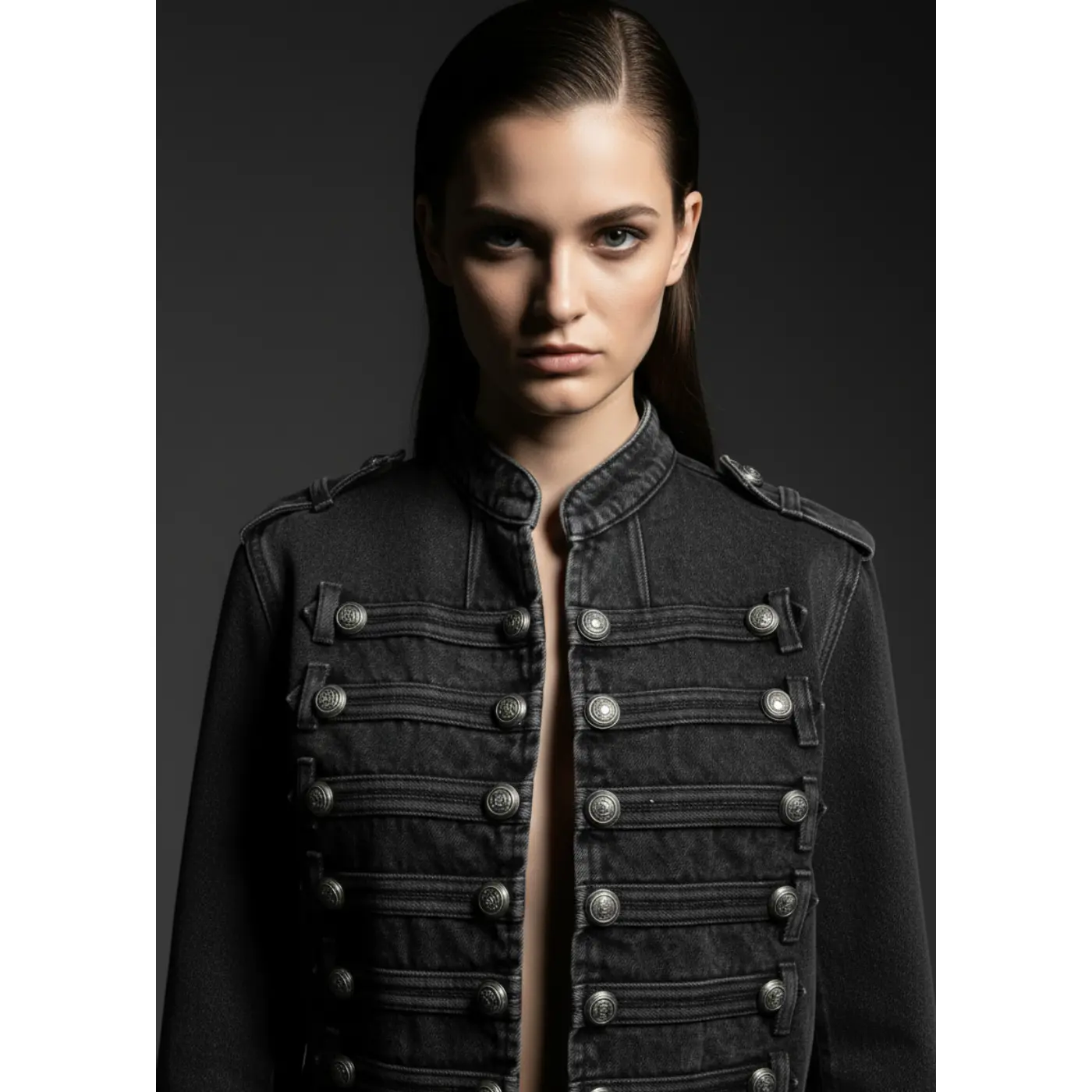 Classic Rock Black Denim Military Jacket