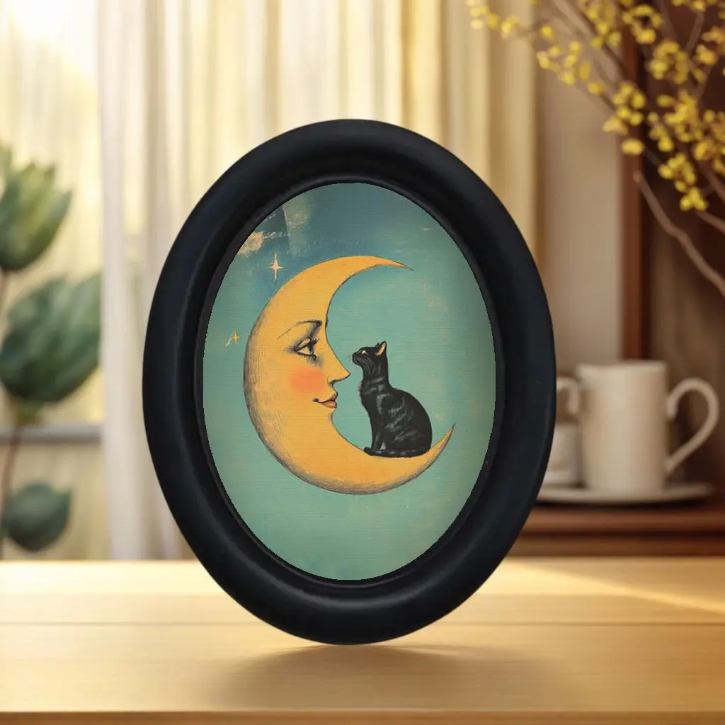 Vintage Fairy Tale Moon Cat Wall Art, Oval Frame, Unique Healing Bedroom Decor, Quirky Living Room Art, Individualistic Home Decoration, Decorative Wall Art