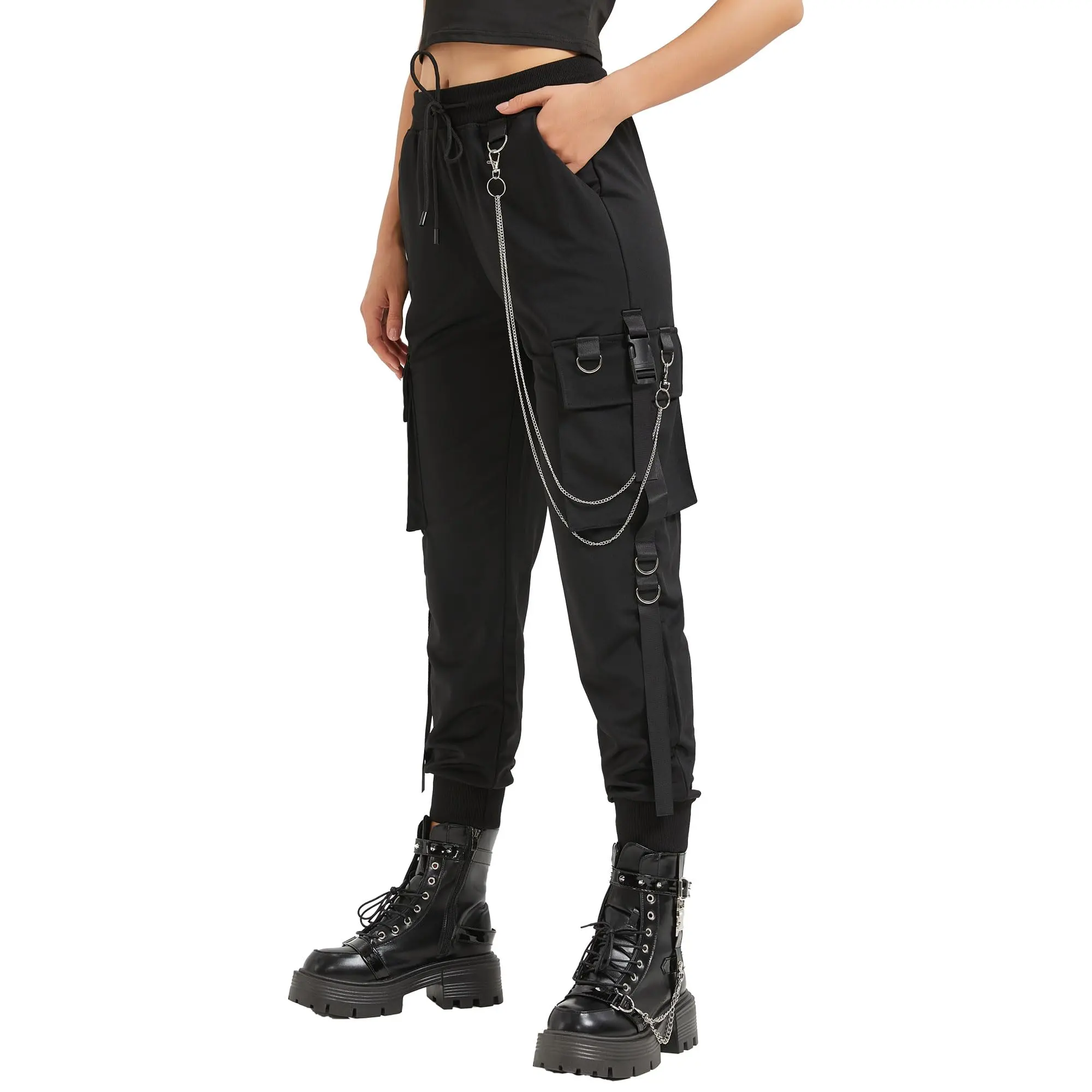 Black Cargo Pants for Women Techwear Women Loose Street Rock Style Casual Black Pants with Chain Goth Pants