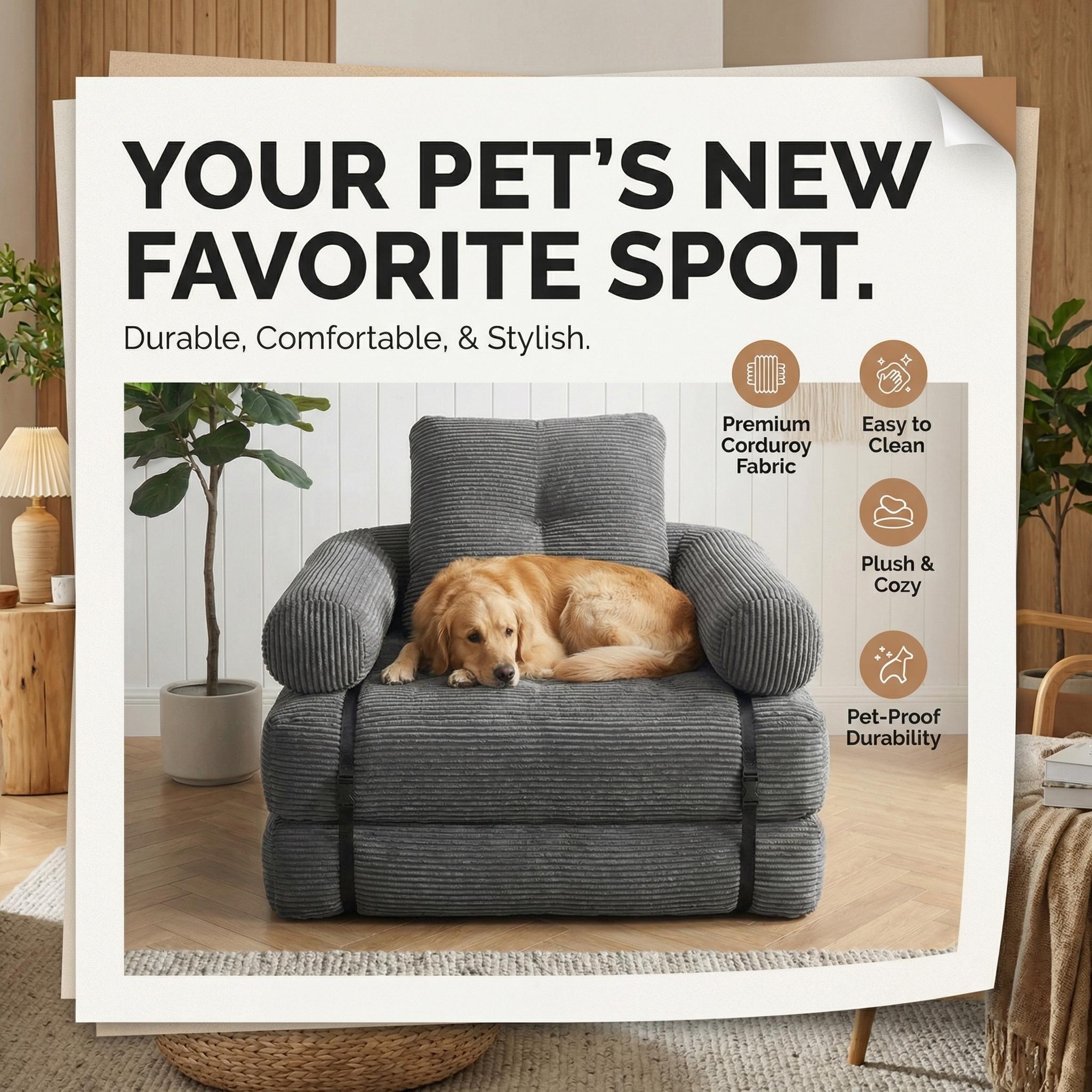 Del Mar loveseat Convertible Single Seater Sofa Bed Boneless Floor Couch Sleeper with Armrests, Soft Corduroy Foldable Lazy Sofa Chair for Living Room/Bedroom