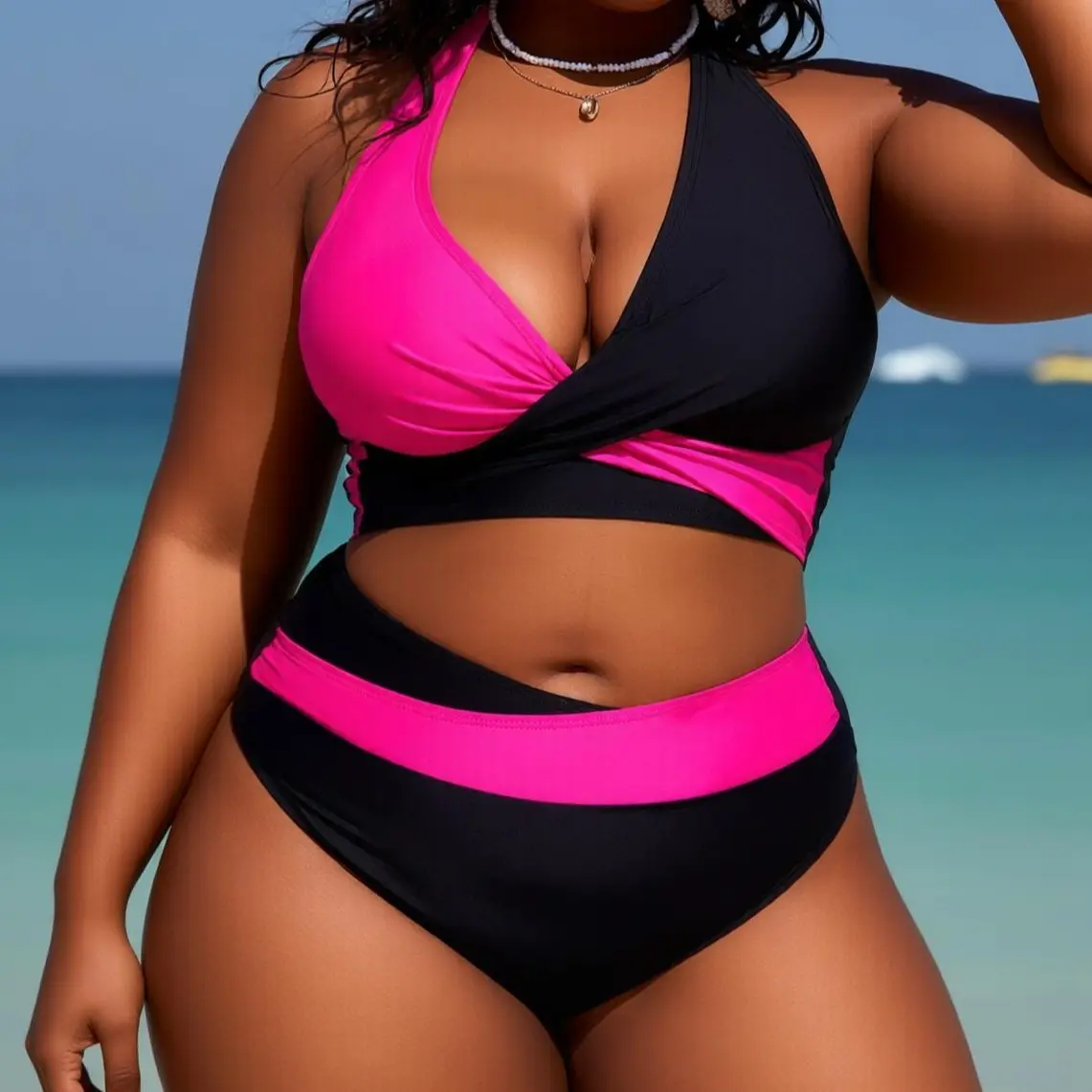 Plus Size Black & Pink Color Block Halter Bikini Set for Curvy Women, Cross Wrap High Waist Triangle Bottom, Figure-Flattering Two Piece Swimwear Perfect for Beach Vacation and Pool Parties pretty girl