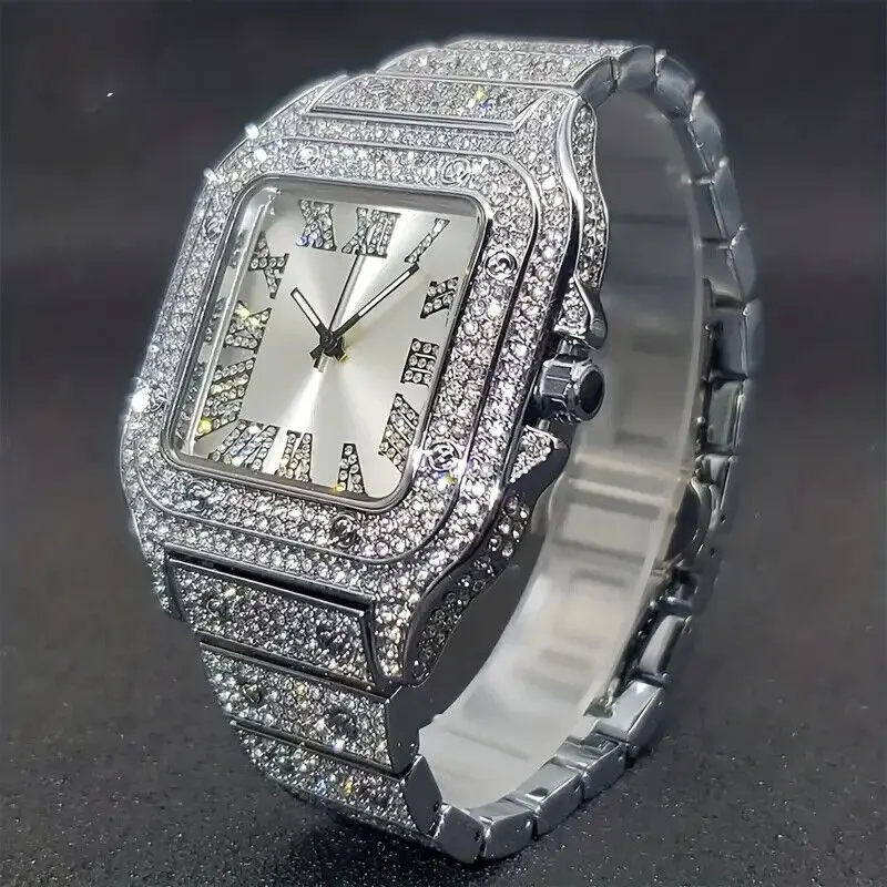 MaxBling81 Men's Iced Out Hip Hop Analog Quartz Wristwatch - Fashion Square Watch, Hip Hop Square Cut, Simulated Diamonds & Cubic Zirconia Gems, Chrome Silver Stainless Steel Bracelet, Removable Link Fit, Water-Resistant, Adjustable Band, Iced Look, Simul