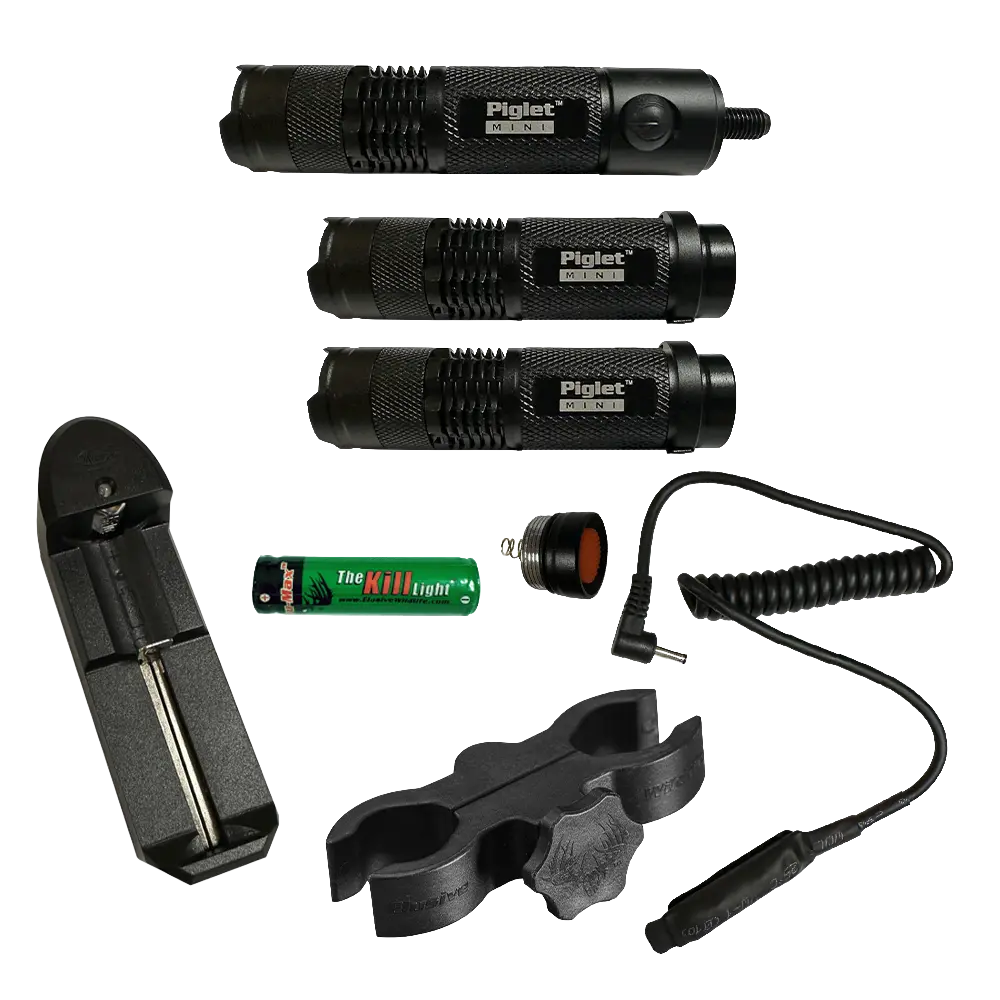 Piglet Mini Archery & Hunting Light Package with 3 Flashlights Green Red White Bow End Tail Cap 100 Yard Illumination Rechargeable Battery