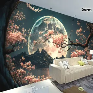 1pc Serene Cherry Blossom & Moon Tapestry - Lightweight 85gsm Polyester Wall Hanging with Starry Sky and Mountain Landscape, Aesthetic Decor for Bedroom, Living Room, Dorm - Easy Installation Kit Included, Room Decor