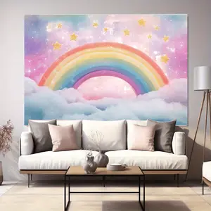 1pc Rainbow Party Banner - Vibrant Pastel Sky with Golden Stars & Clouds Design, Durable Polyester Photo Backdrop for Birthdays, Weddings, Showers, Home Wall Decor & Party Supplies, Whimsical C