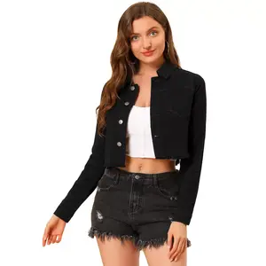 Allegra K Women's Turn Down Frayed Button Down Washed Cropped Denim Jacket Small Black