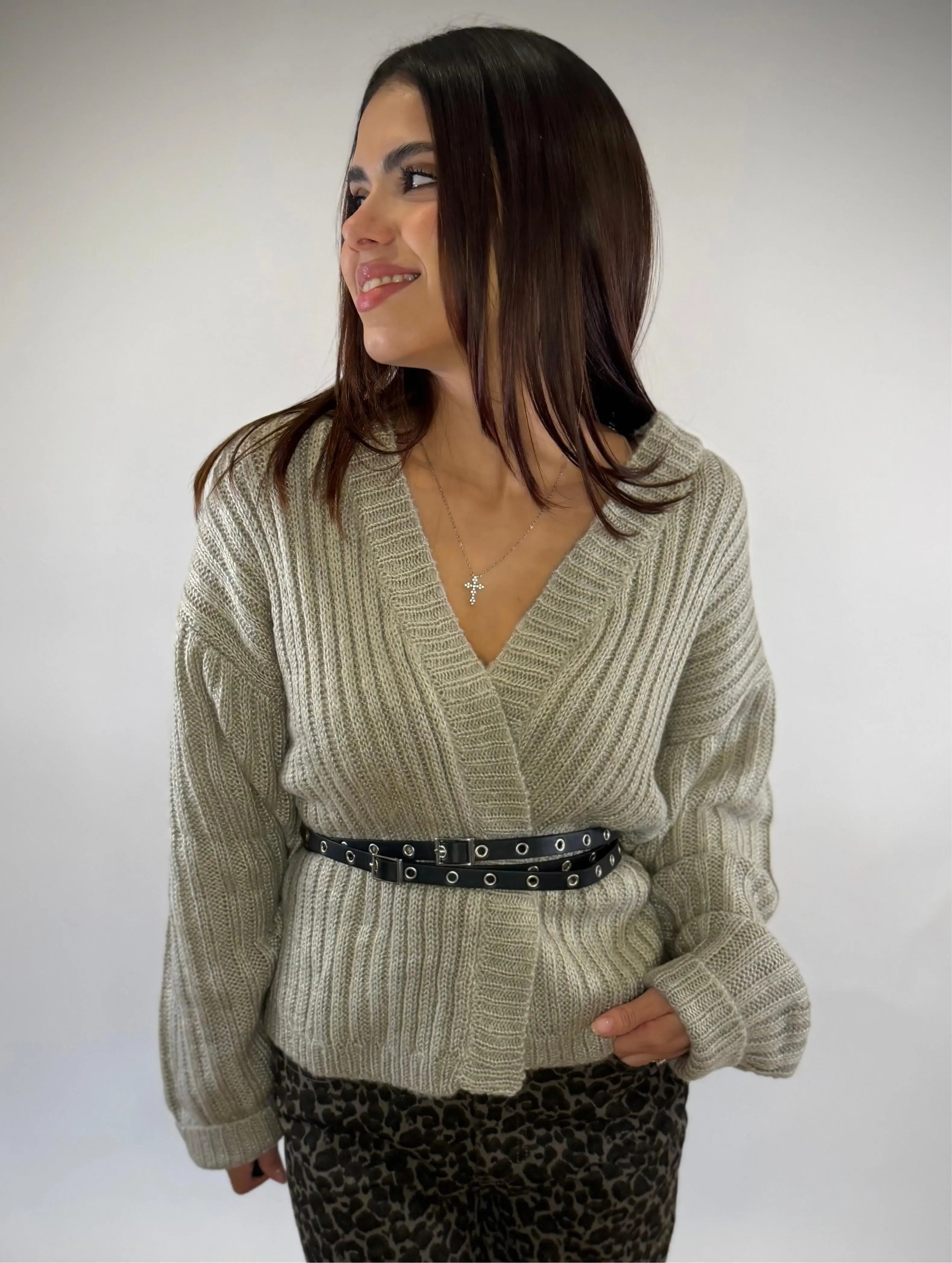 Warm Grey Wrap Cardigan With Belt Warm Grey Wrap Cardigan With Belt