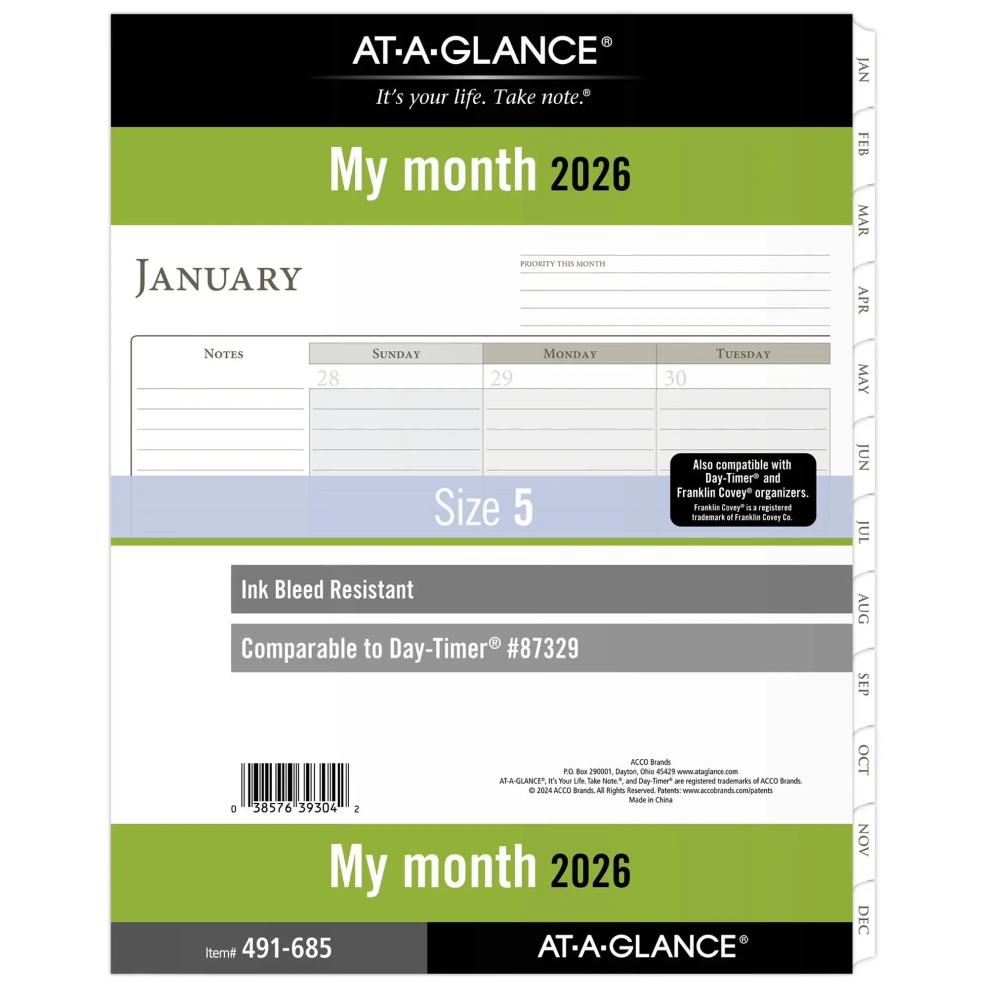 AT-A-GLANCE® 2026 Monthly Planner Refill, Loose-Leaf, Folio Size, 8 1/2" x 11"