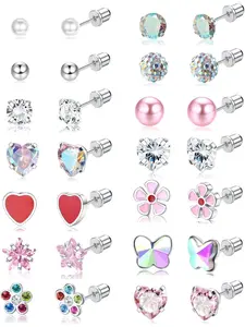 Sweet 14 Pairs Colorful Ear Studs Fashionable Stainless Steel Screw Back Earrings Studs for Women Men Sparkling CZ Flower Butterfly Earrings Tiny Screw Back Stud Earrings Set