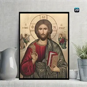 1pc Eastern Orthodox Jesus Christ Icon - Religious Wall Art Poster with Greek Letters, Byzantine-Inspired Cross, Red & Golden Traditional Colors - Un Canvas Print for Home, Office, Church Decor - Spiritual Christian Gift - Ideal for E Minimalist
