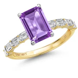 Gem Stone King 14K Two Tone Gold Gemstone Birthstone and Accent Lab Grown Diamond Engagement Ring For Women | Emerald Cut 9X7MM and 3X2MM | Available in Size 5, 6, 7, 8, 9