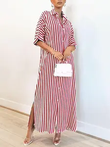 Women's Striped Print Button Front Shirt Dress, Casual Pocket Half Sleeve Dress for Daily Wear, Ladies Clothes for All Seasons