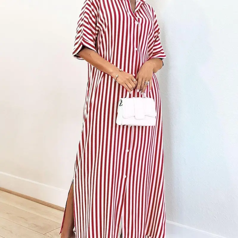 Women's Striped Print Button Front Design Shirt Dress, Casual Loose Pocket Detailing Half Sleeve Dress for Daily Wear, Casual Commuter Dress, Ladies Clothes for All Seasons, Striped Clothing, Button Down Dresses, Womenswear