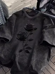 Cotton Short Sleeve T-Shirt, Rose Flower Print Design, Loose Fit, Breathable, Street Casual Style, Perfect for Daily